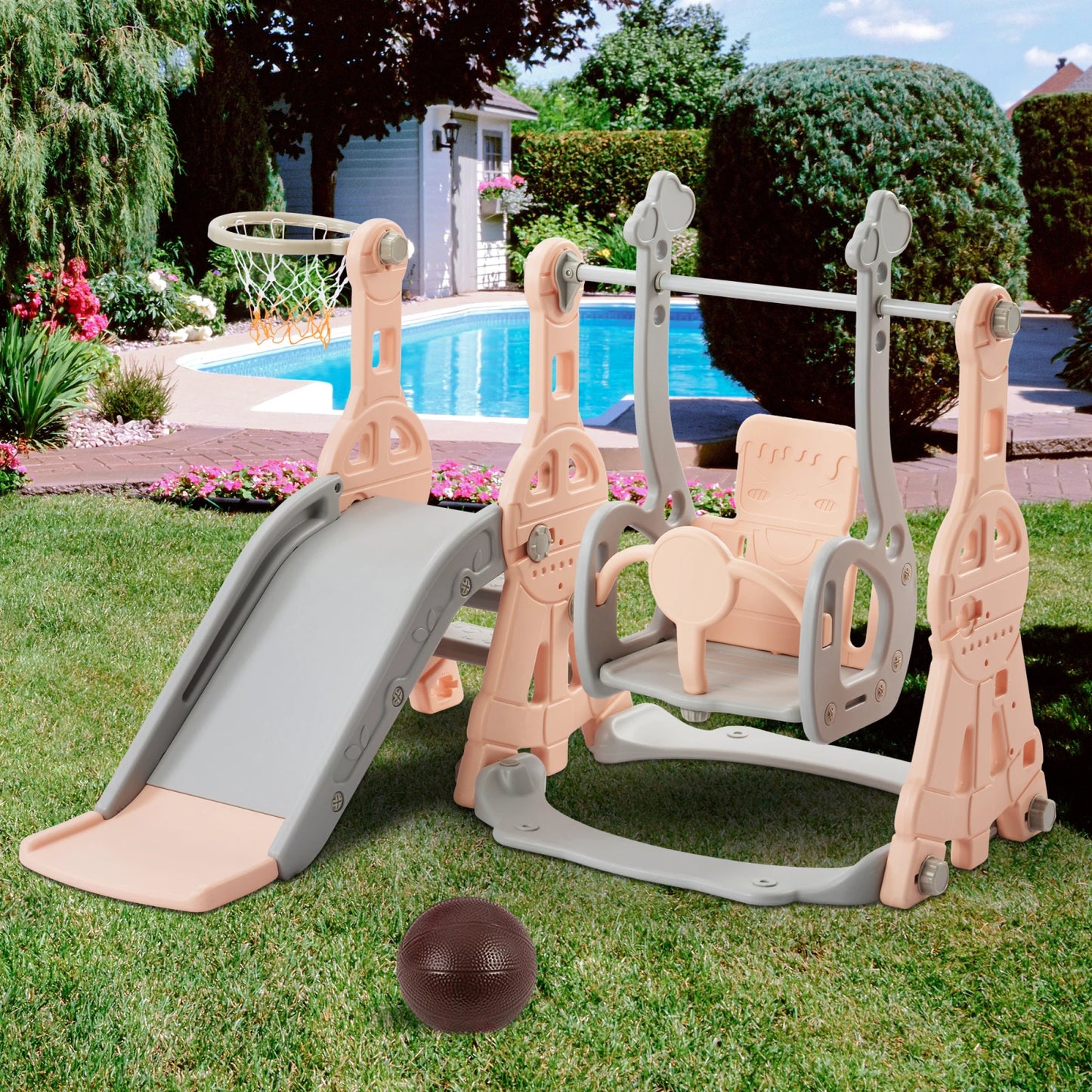 🏀 4-in-1 Children's Slide & Swing Playset – Indoor & Outdoor with Basketball Hoop & Climbing Ladder